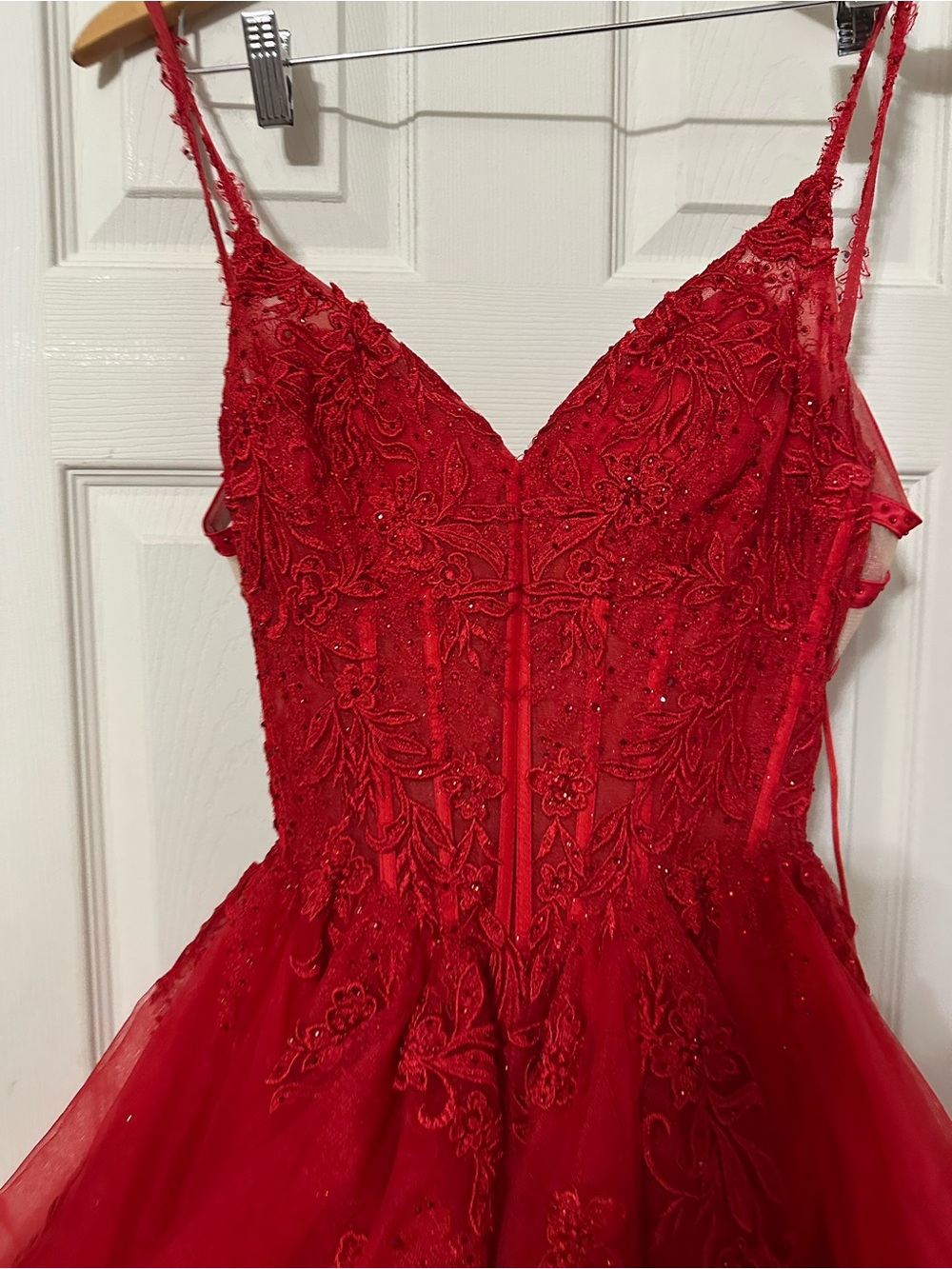 Red Beaded Lace Tulle Slip Dress with Spaghetti Straps